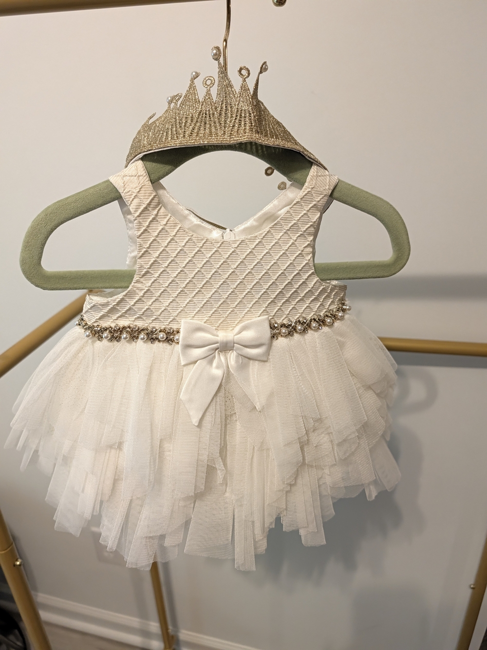 Elegant Ivory Tulle Baby Dress with Bow and Beaded Waist